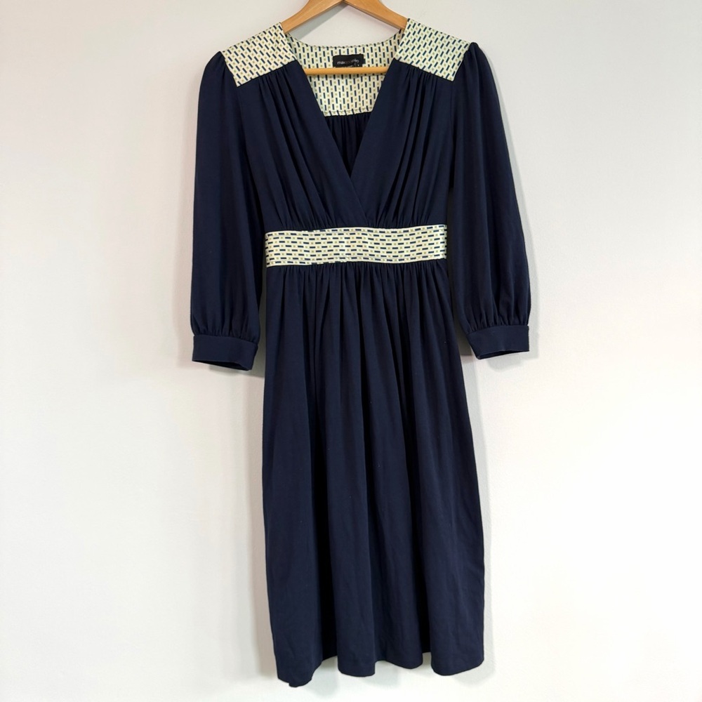 Max & Cleo Navy A -Line Midi Dress with Cream Trim 3/4 Sleeves Size S